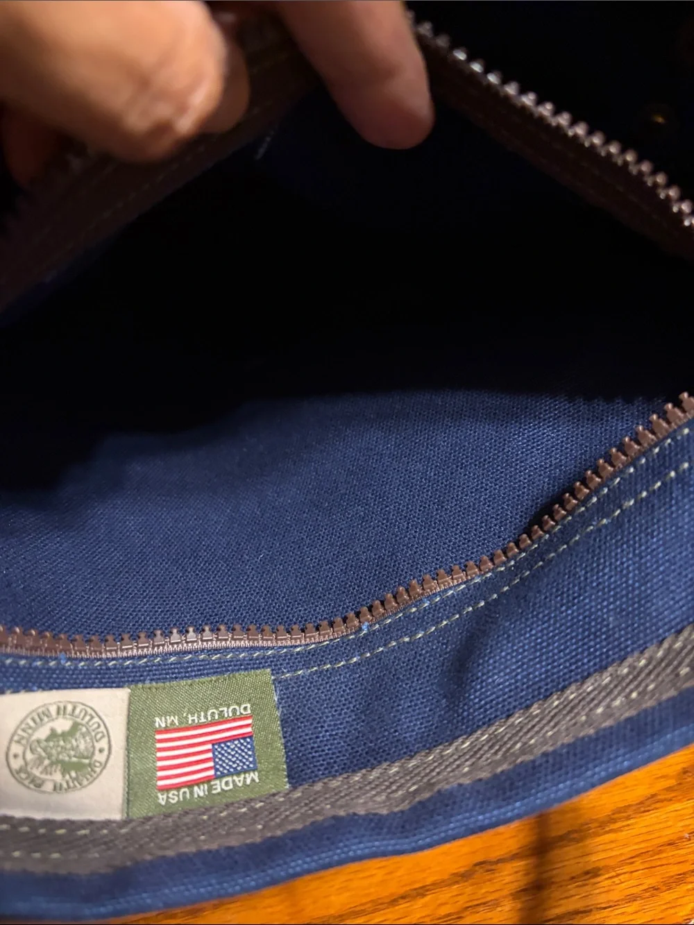 Duluth Pack Navy Canvas Duffel with Brown Leather Trim